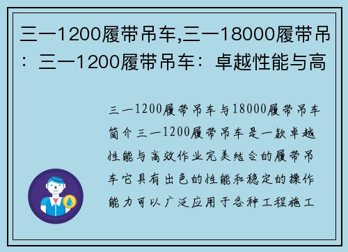 三一1200履带吊车,三一18000履带吊：三一1200履带吊车：卓越性能与高效作业的完美结合