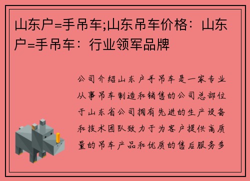 山东户=手吊车;山东吊车价格：山东户=手吊车：行业领军品牌