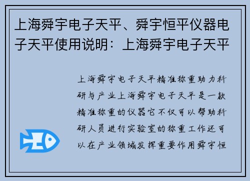 上海舜宇电子天平、舜宇恒平仪器电子天平使用说明：上海舜宇电子天平：精准称重，助力科研与产业